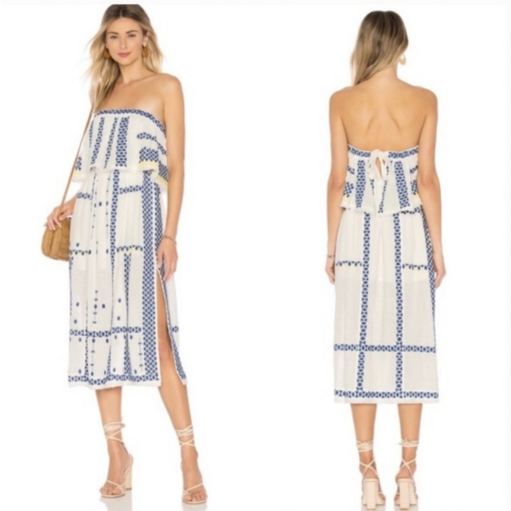 Free People Embroided Wild Romance Blue White Strapless Dress. Made In India. XS